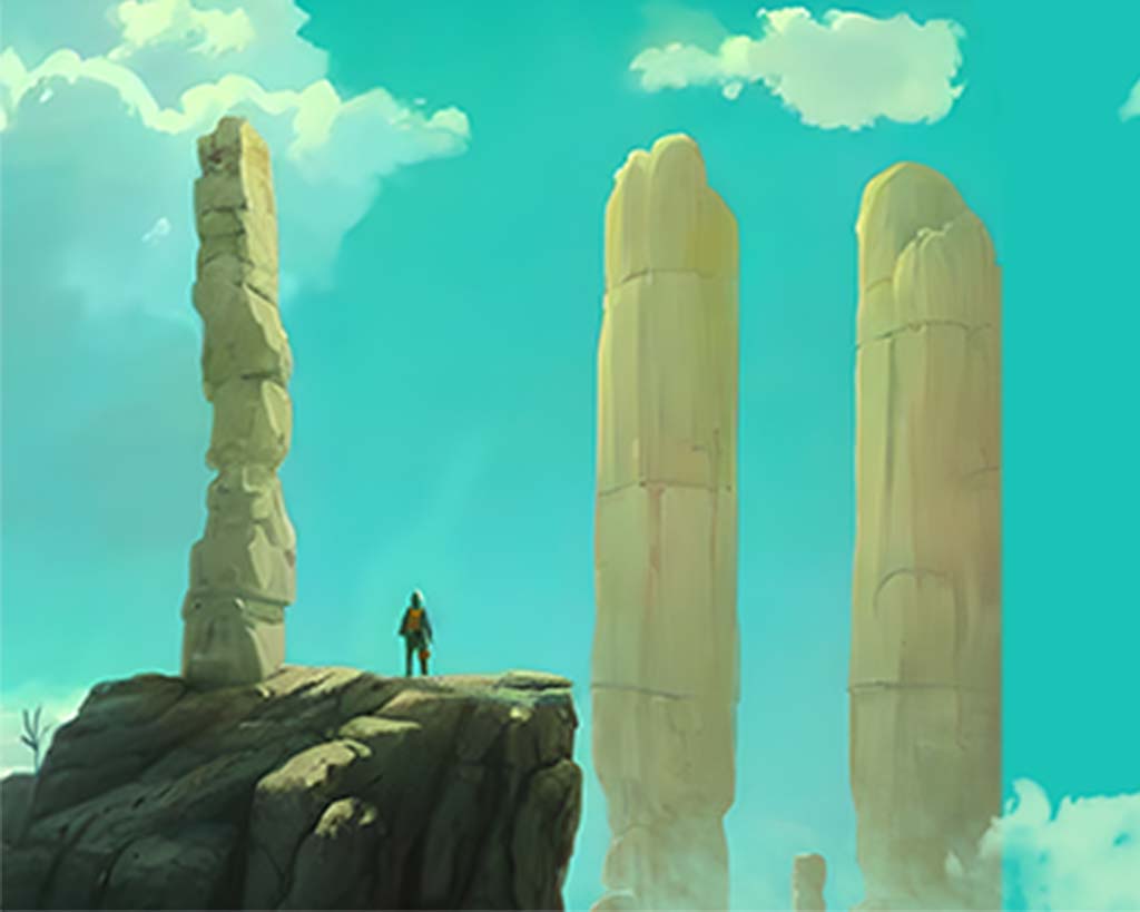 Concept Art A figure standing on a rock path, admiring rock pillars of an ancient civilization